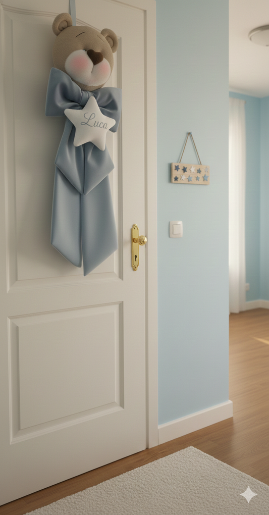 Fiocco Nascita Artigianale Orsetto con Stella 50 cm circa