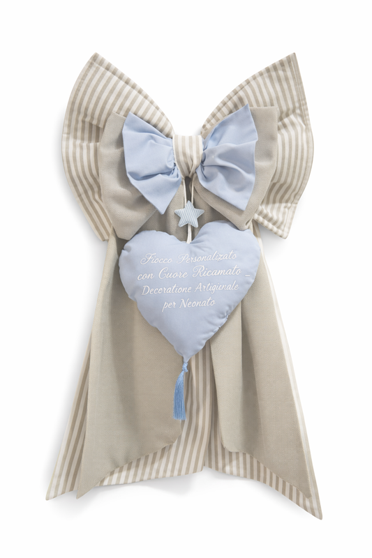 Fiocco Nascita Personalizzato misto lino e cotone con Cuore Ricamato – Decorazione Artigianale per Neonato