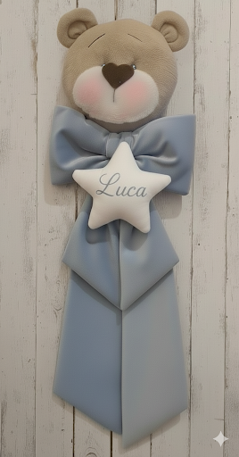 Fiocco Nascita Artigianale Orsetto con Stella 50 cm circa